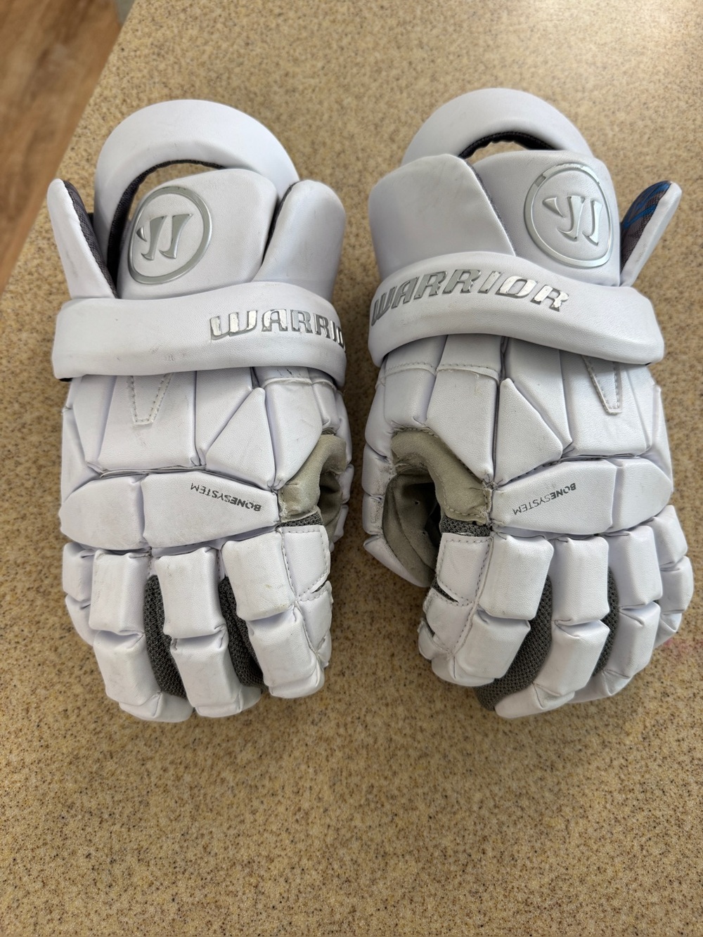 Warrior Evo Bone System Lacrosse LAX Gloves Large White Gray Blue EUC